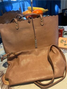 Women's Tan Scalloped Tote and Crossbody Set